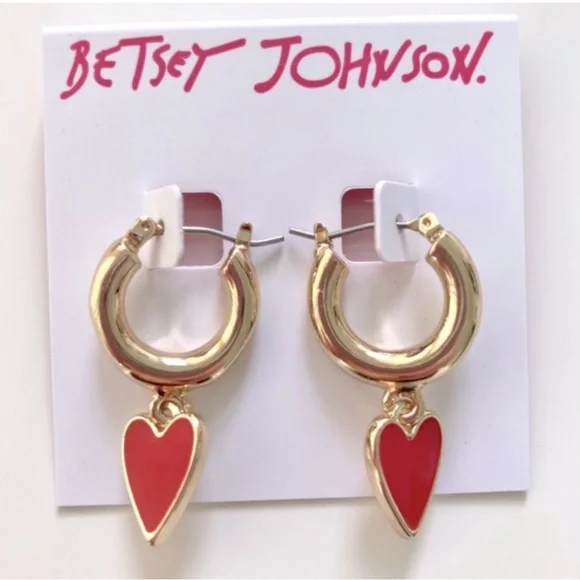 NWT ⚜️♥️⚜️ Betsey Johnson cute gold hoop earrings with dangling red heart - Picture 3 of 16